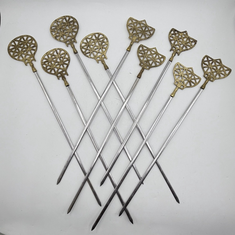 Vintage Inoxidable Shish Kebab BBQ Skewers Ornate Gold Tone Set of 9